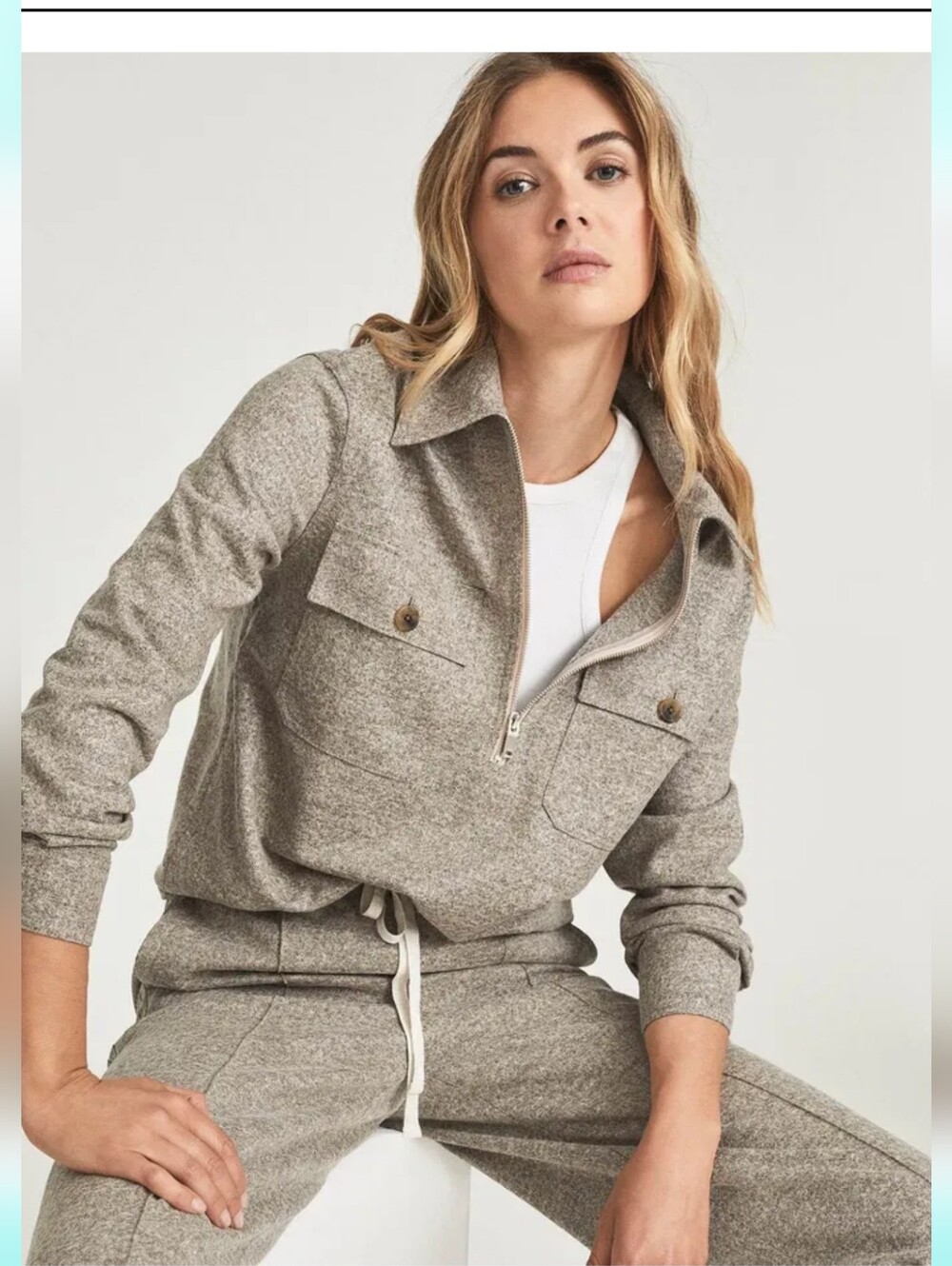 Designer Reiss Gray Taupe Wool Blend Knit Two-Piece Pants & Zip Top Set M